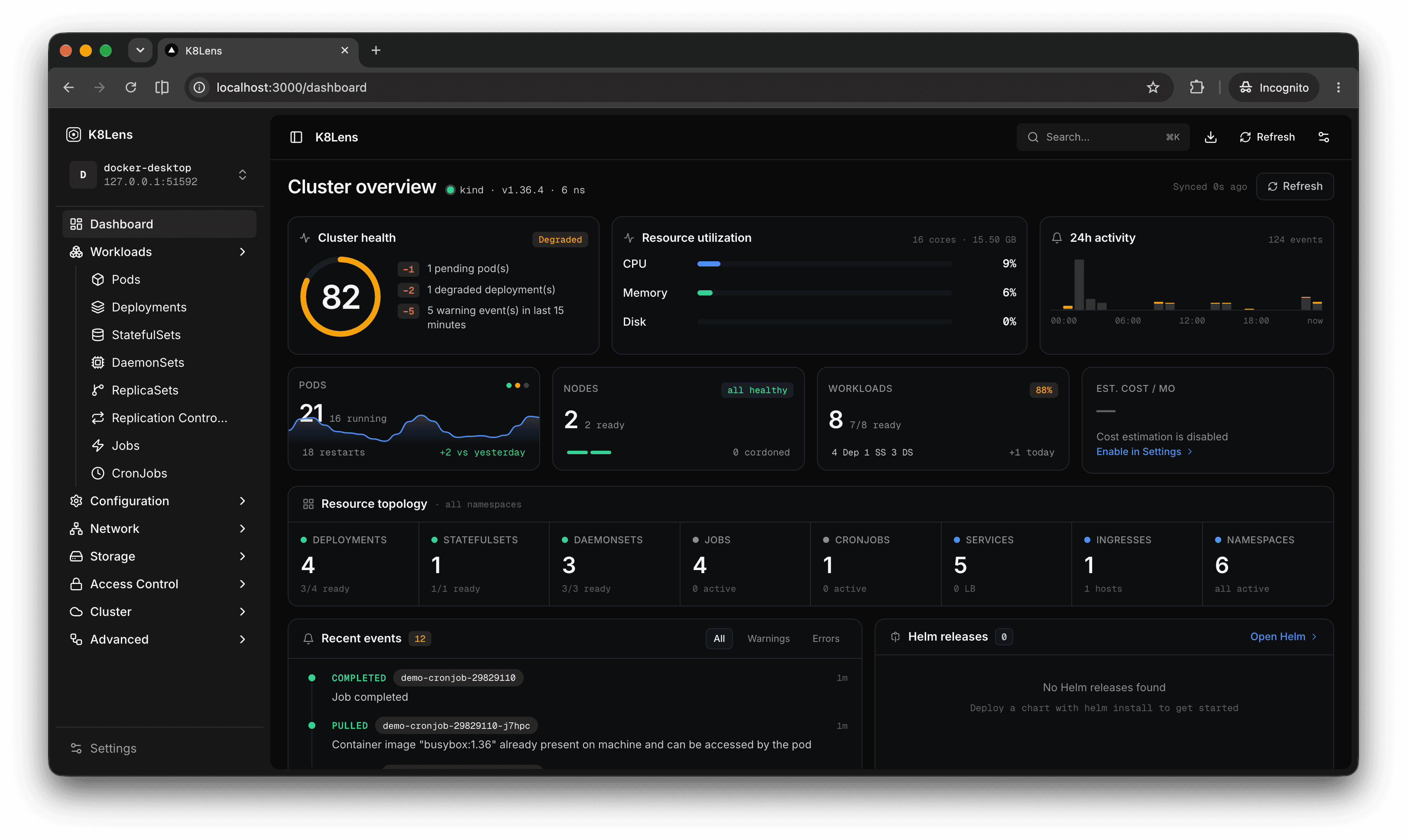 K8Lens cluster overview dashboard